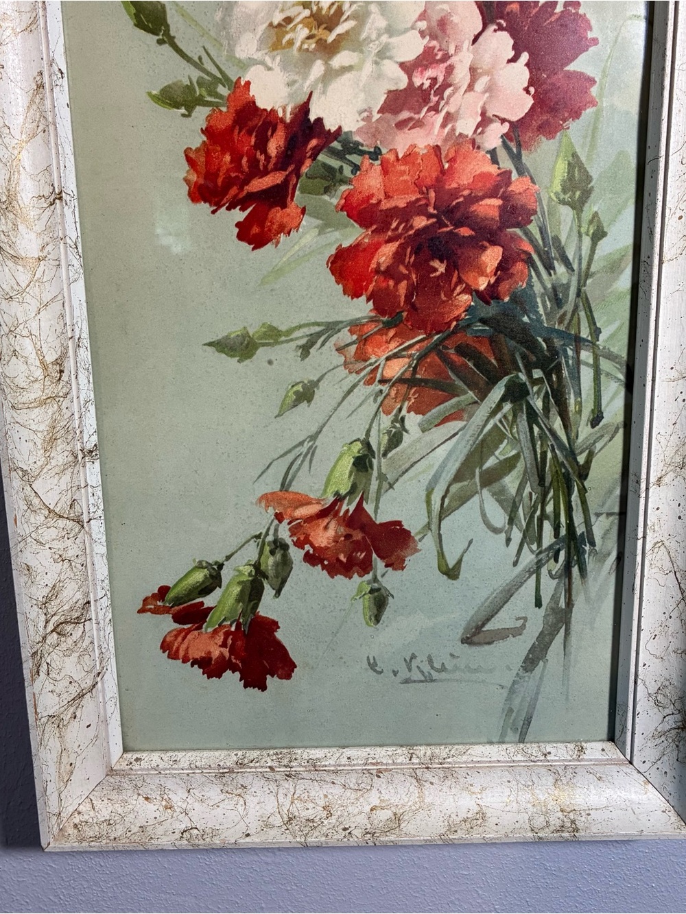 Vintage Floral Print Wall Art in Wood Frame Carnation Bouquet Cottagecore Decor - Picture 4 of 12